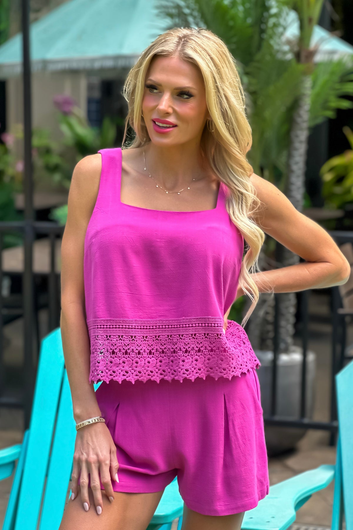 Maree Square Neck Crochet Lace Tank : Raspberry