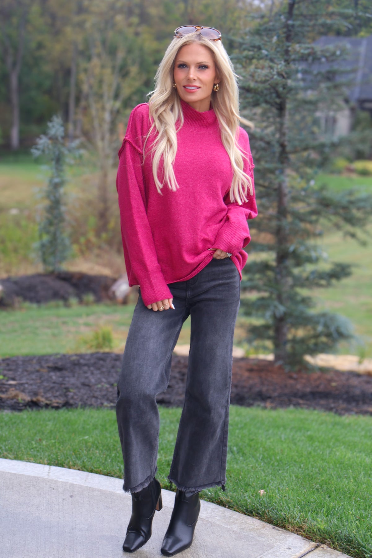 Fleur Mock Neck Long Sleeve Sweater : Berry