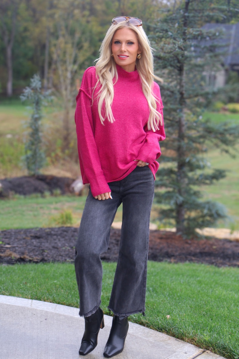 Fleur Mock Neck Long Sleeve Sweater : Berry