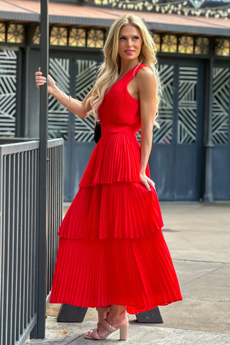 Rylee Pleats Tiered Dress : Radiant Red