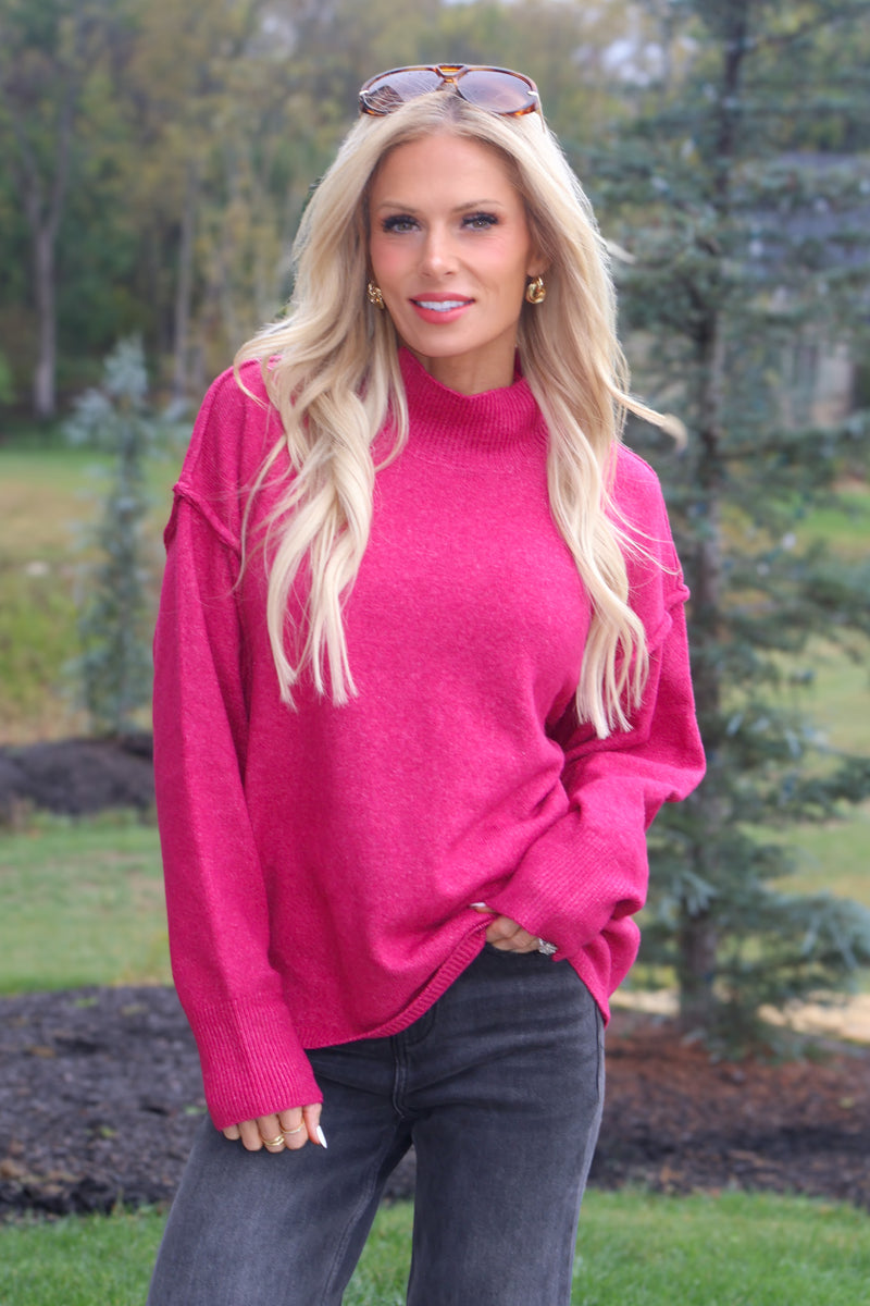 Fleur Mock Neck Long Sleeve Sweater : Berry