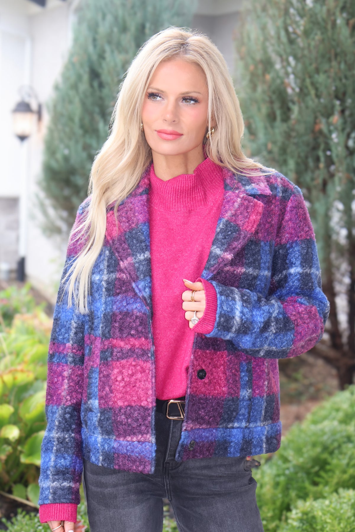Charlie B Bracken Boucle Plaid Short Jacket : Magenta & Navy