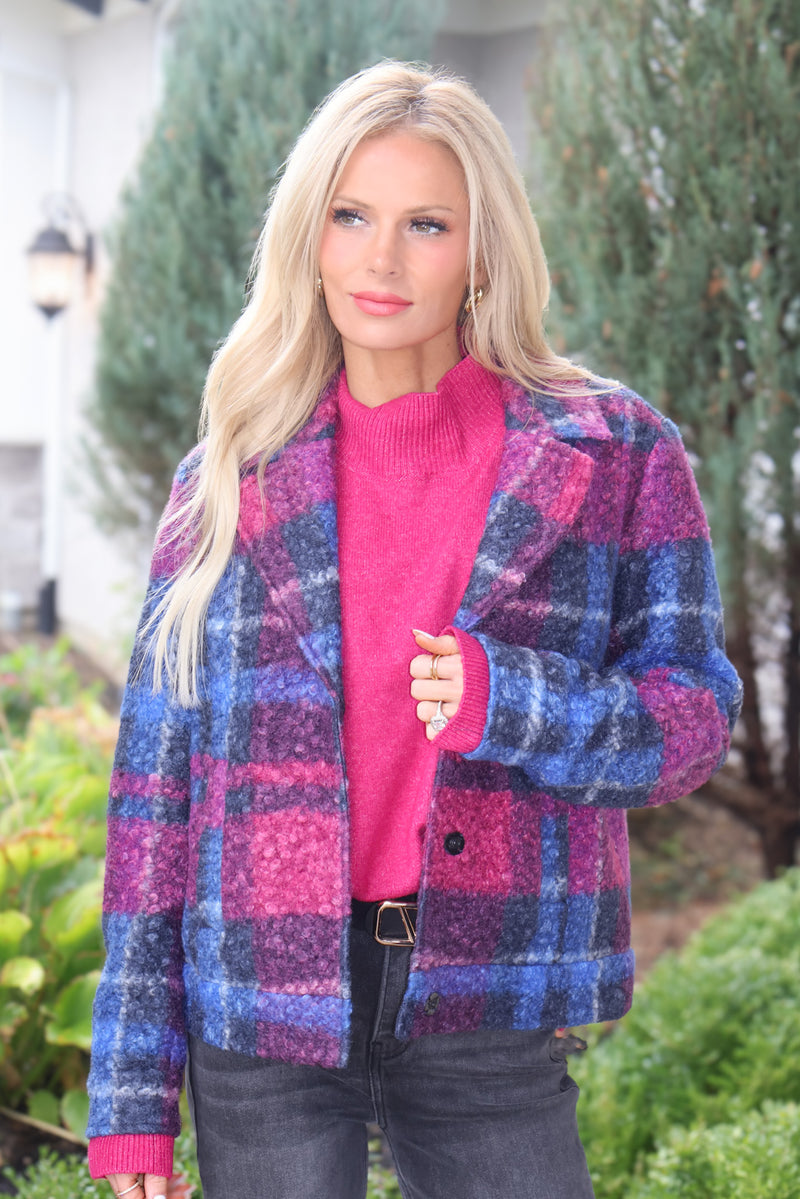 Charlie B Bracken Boucle Plaid Short Jacket : Magenta & Navy