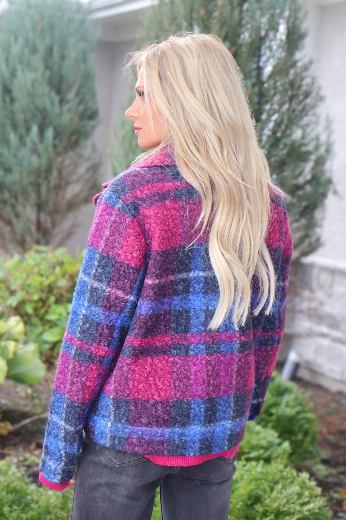 Charlie B Bracken Boucle Plaid Short Jacket : Magenta & Navy