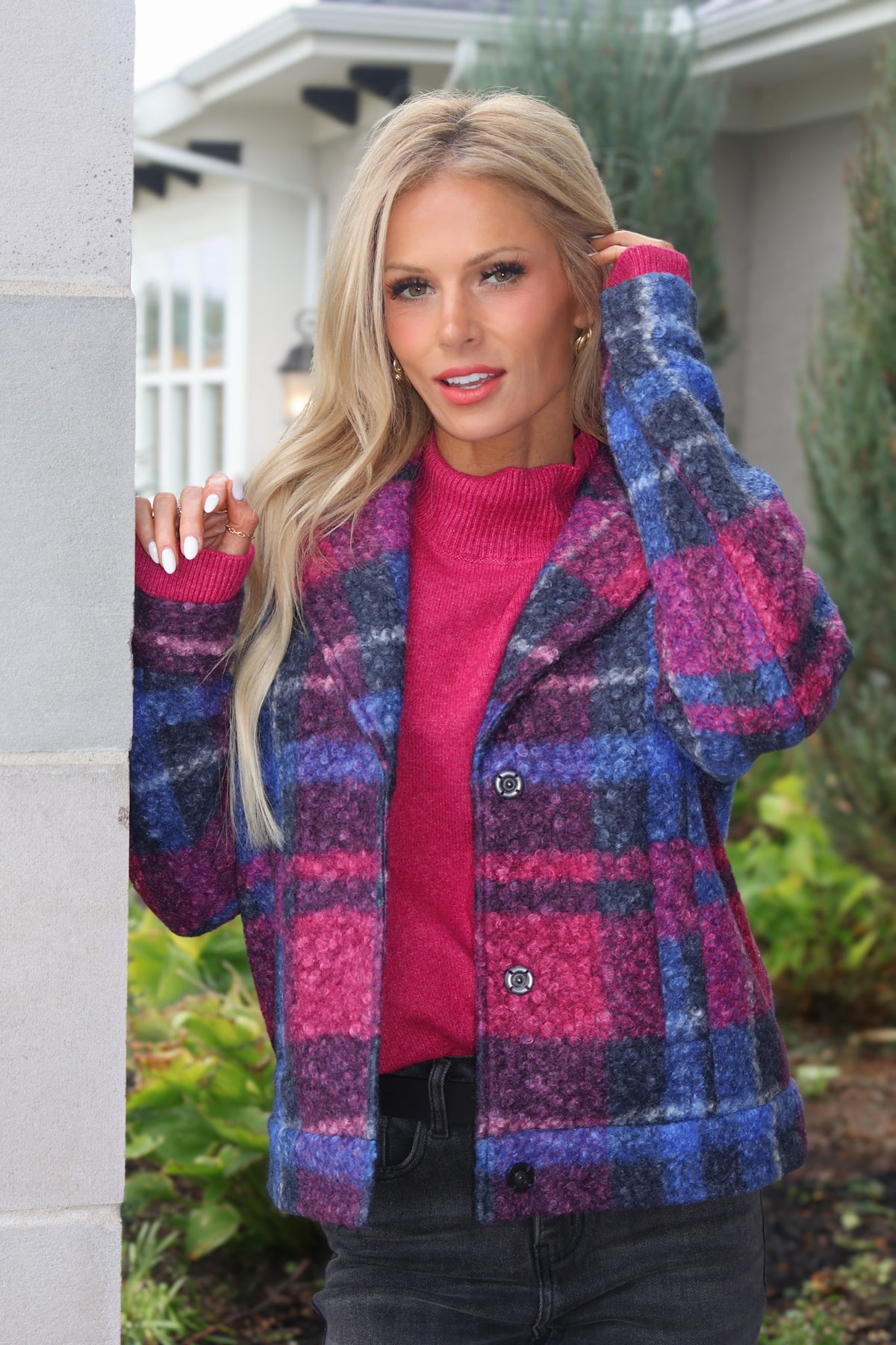 Charlie B Bracken Boucle Plaid Short Jacket : Magenta & Navy