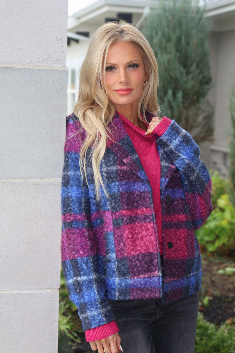 Charlie B Bracken Boucle Plaid Short Jacket : Magenta & Navy