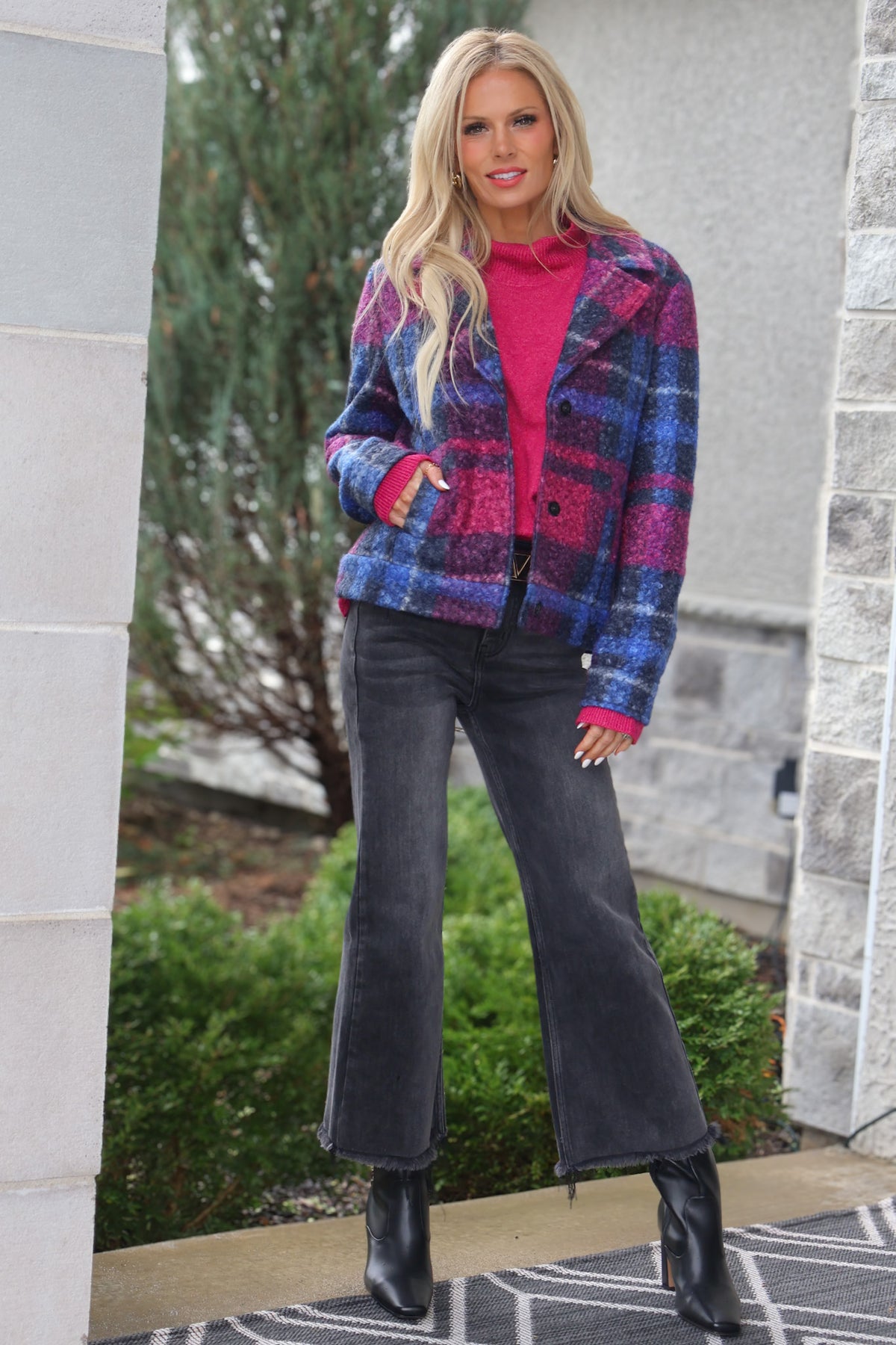 Charlie B Bracken Boucle Plaid Short Jacket : Magenta & Navy