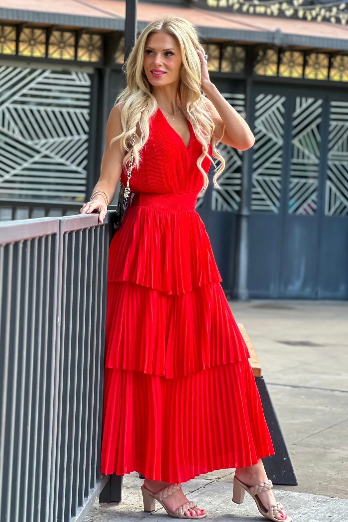 Rylee Pleats Tiered Dress : Radiant Red
