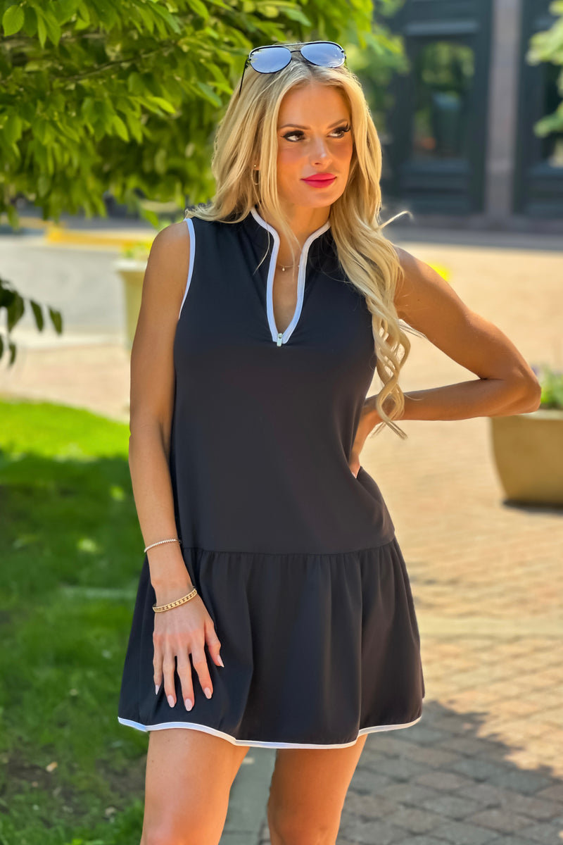 Nala Zip Neck Sport Dress : Black