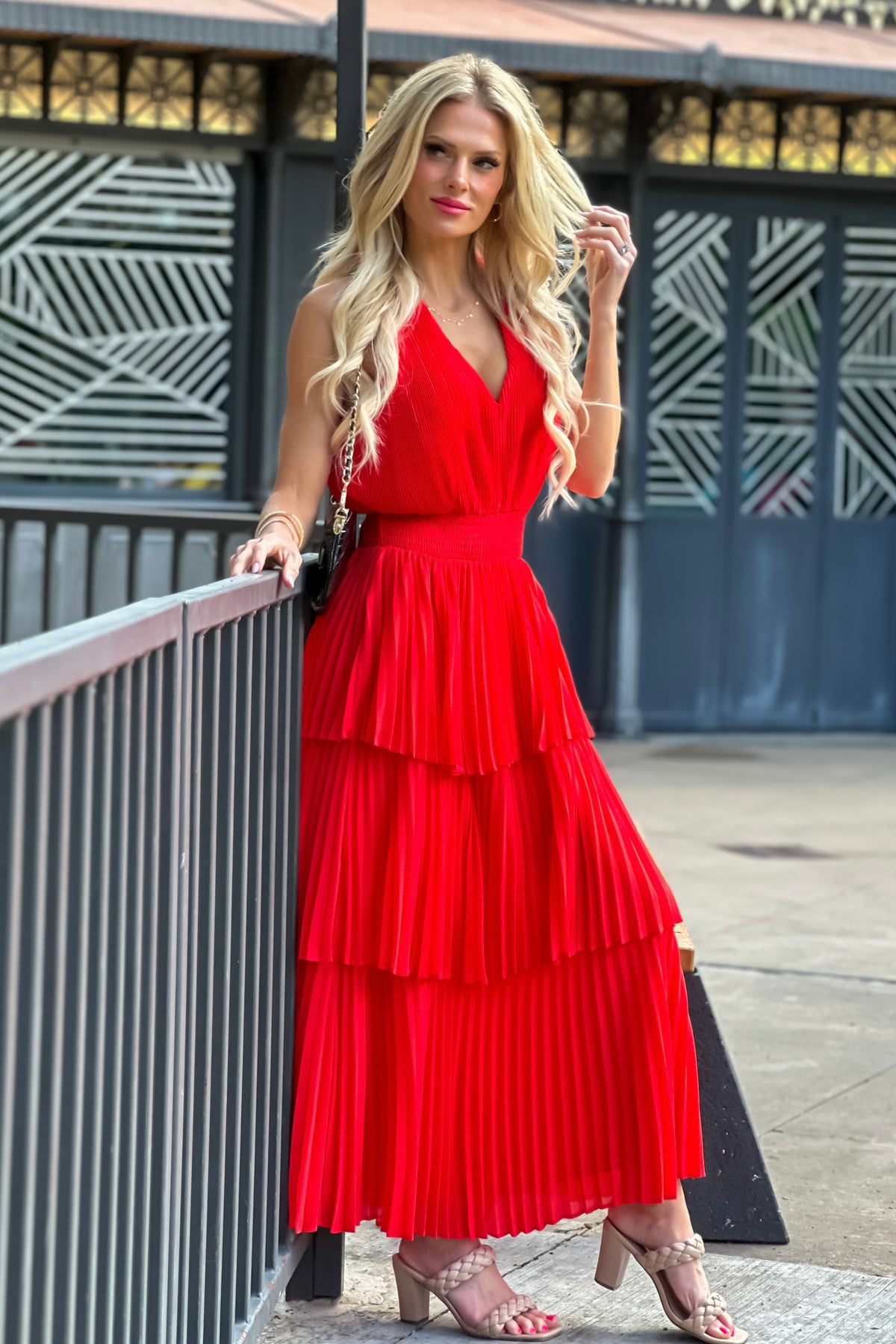 Rylee Pleats Tiered Dress : Radiant Red