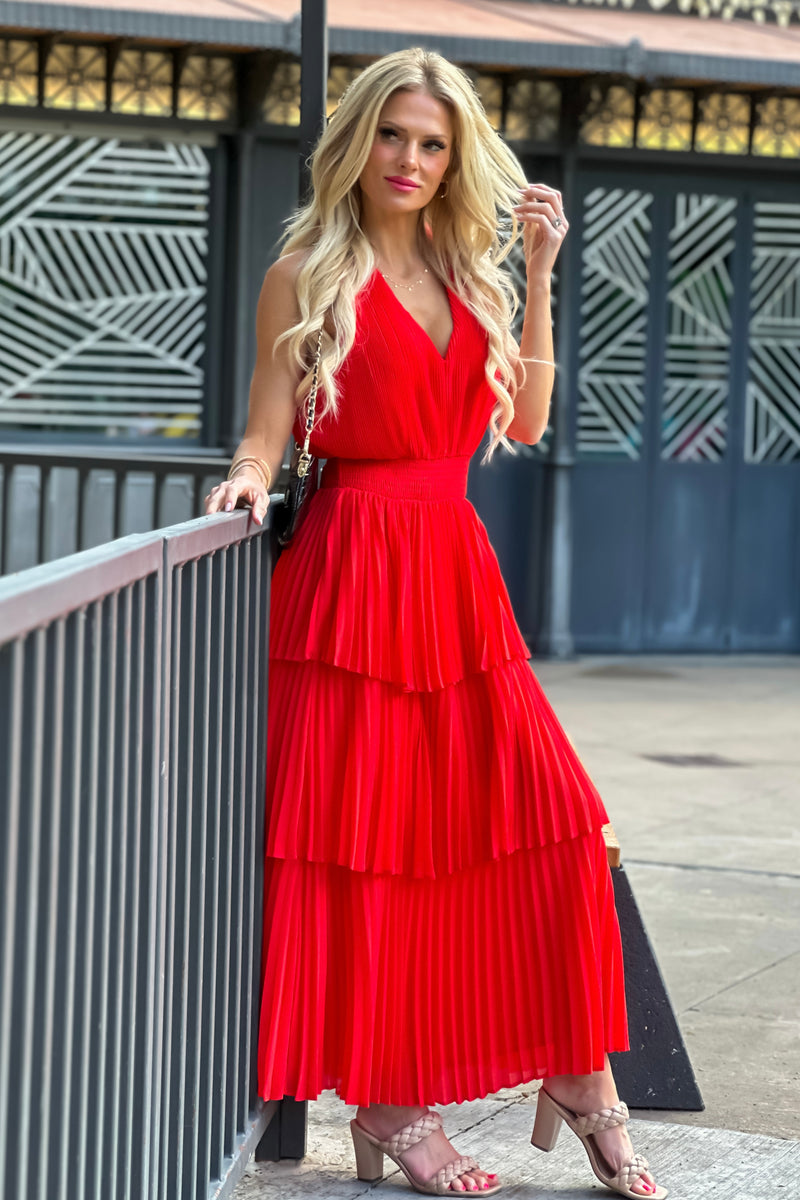 Rylee Pleats Tiered Dress : Radiant Red