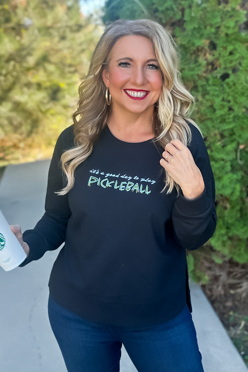Good Day To Play Pickeball Crew Neck Pullover : Black