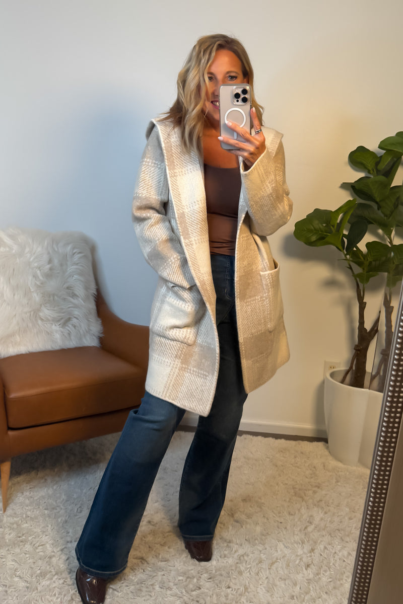 Lyric Cozy Plaid Sweater Hoodie Cardigan : Sand