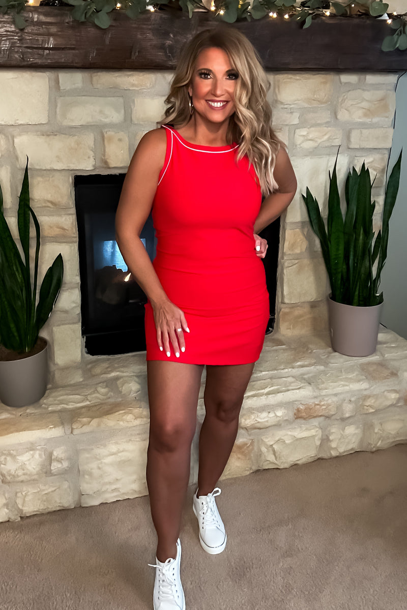 Galene Mini Dress w/ Piping and attached undershorts : Red