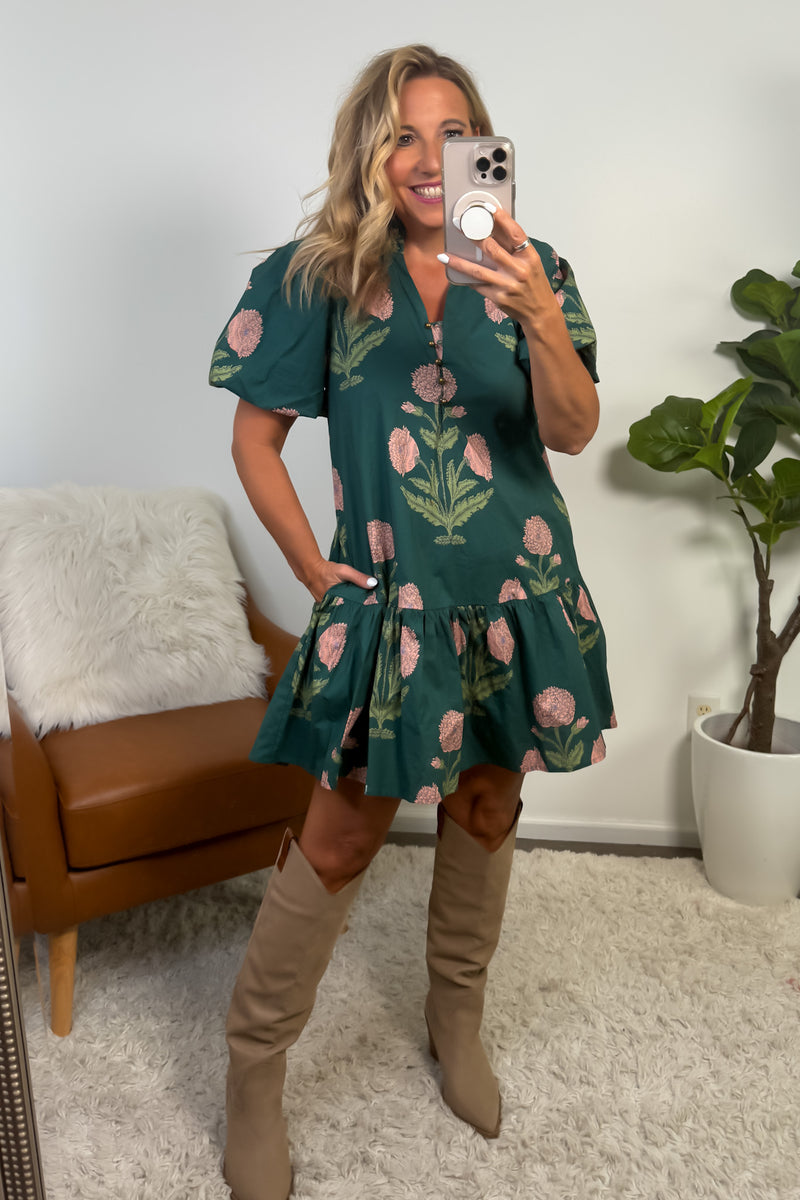 Zienna Floral Print Puff Sleeve Dress : H. Green
