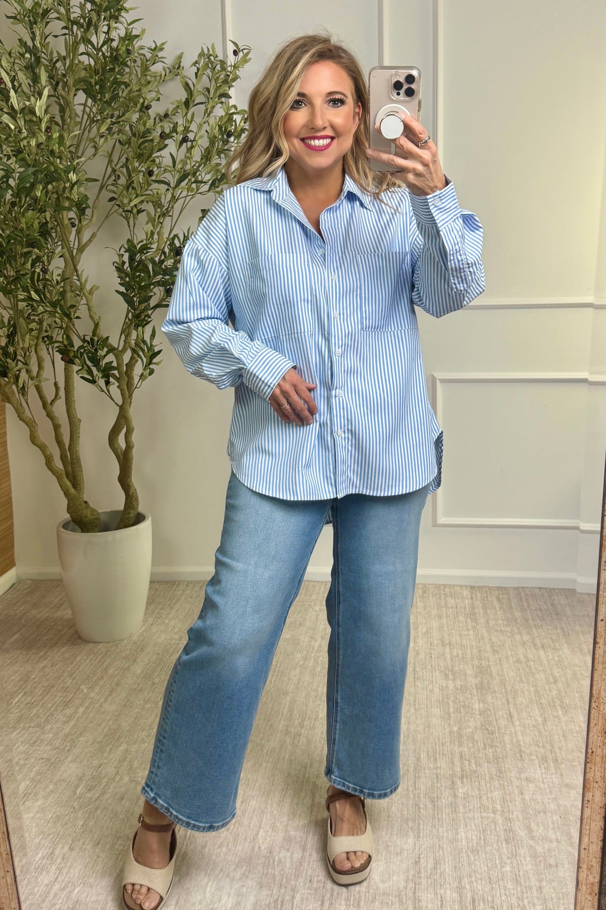 Dorothy Woven Long Sleeve Striped Top : Baby Blue