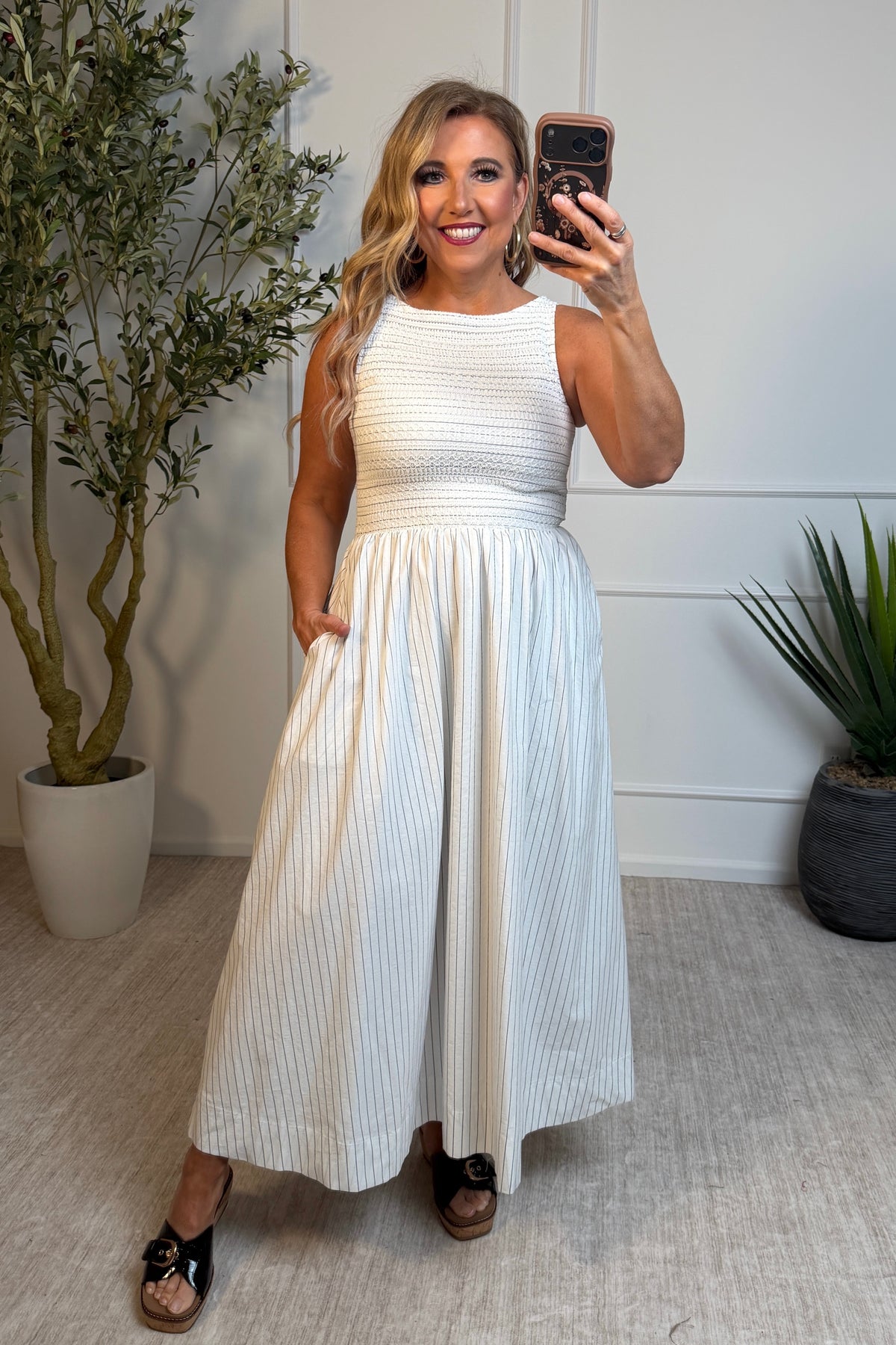 Gabriella Striped Woven Dress : White/Black