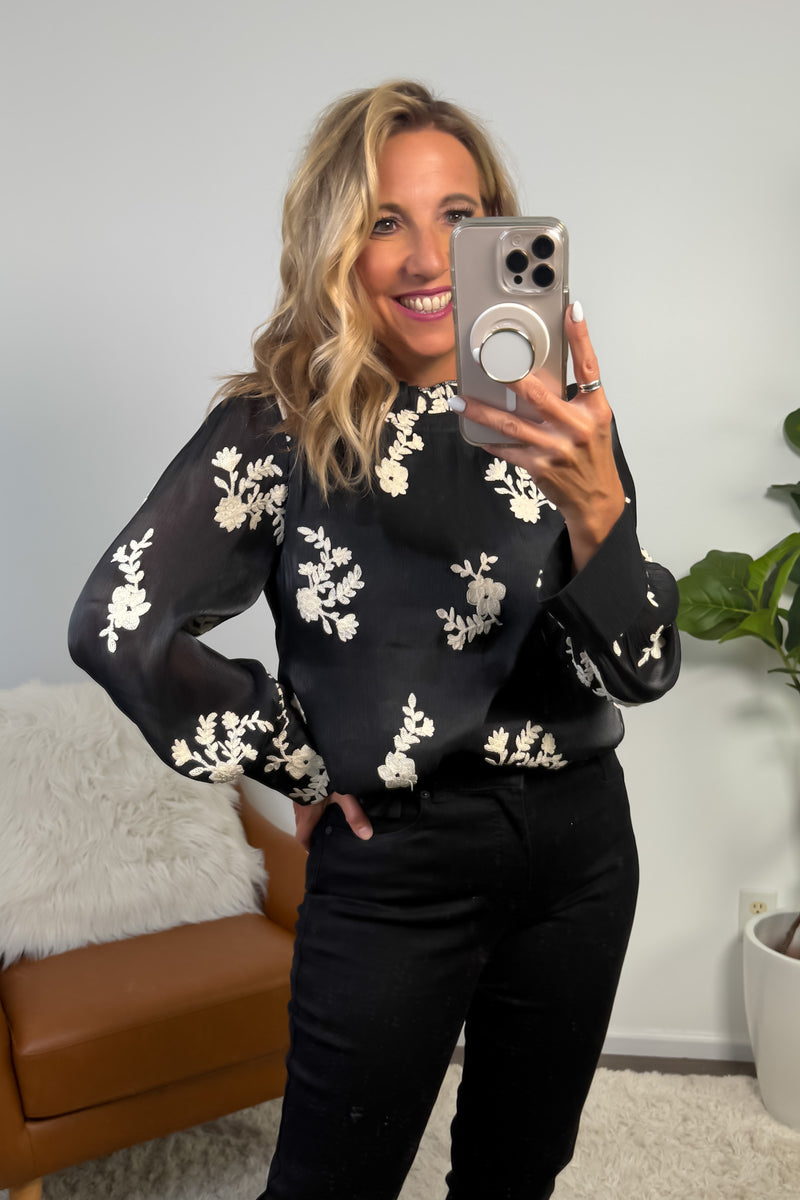 Vera Embroidered Sheer Blouse w/ Lining : Black