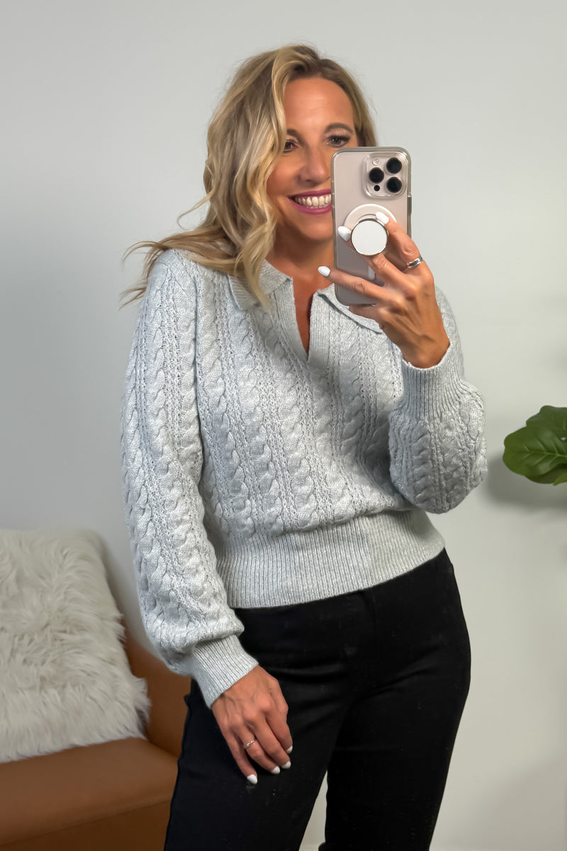 Wynry Cable Knit Johnny Collar Sweater : Heather Gray