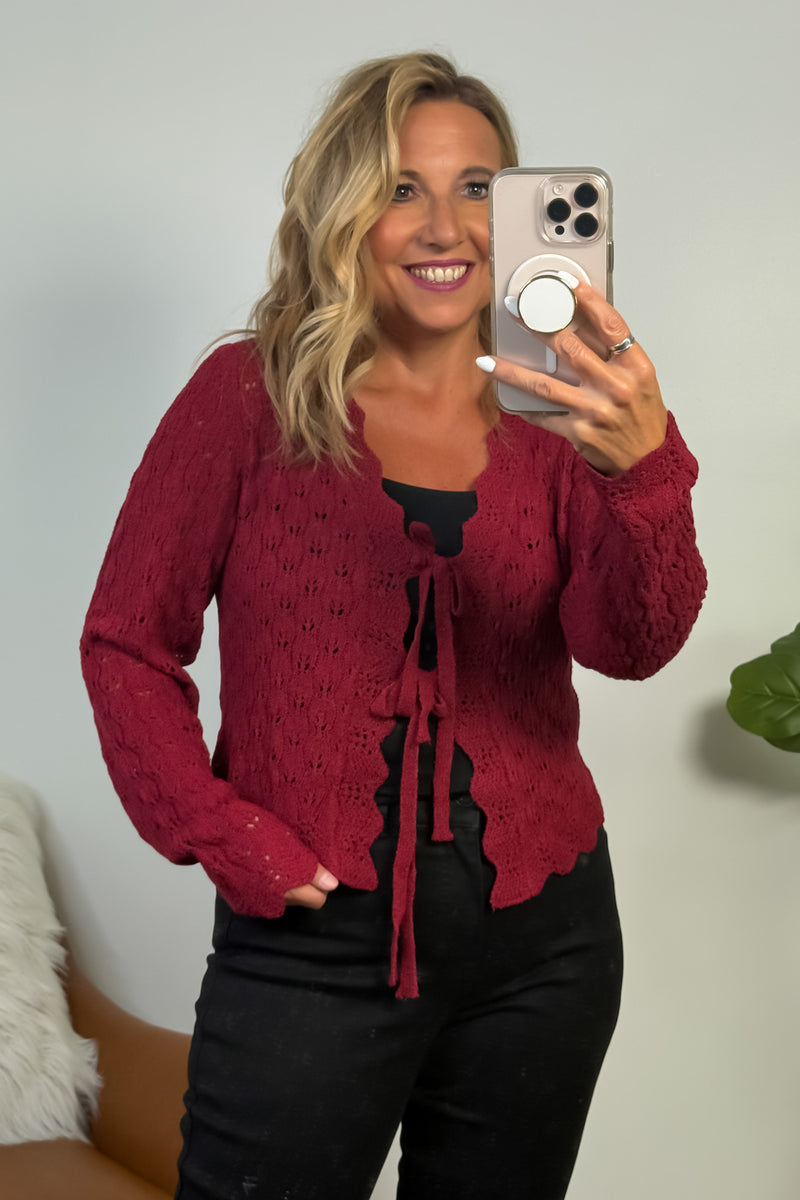 Serina Pointelle Tie Cardigan : Deep Red