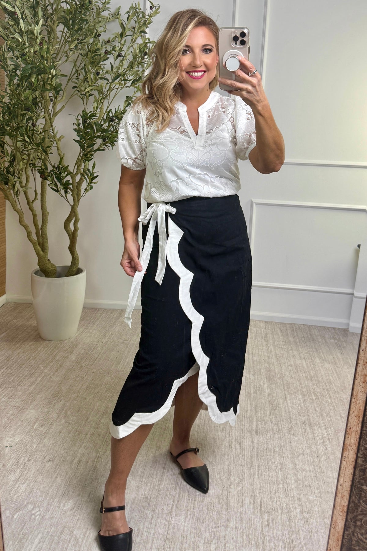 Alaina Embroidered Split Neck Puff Sleeve Blouse : White