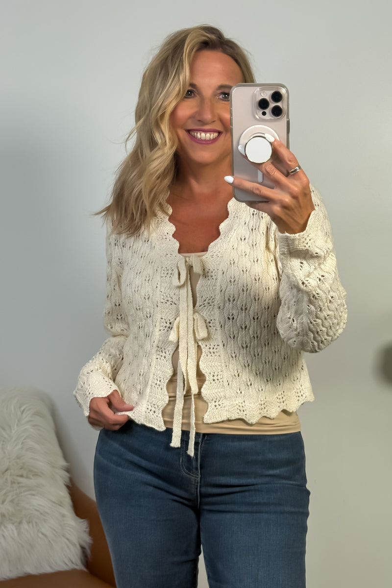 Serina Pointelle Tie Cardigan : Off White