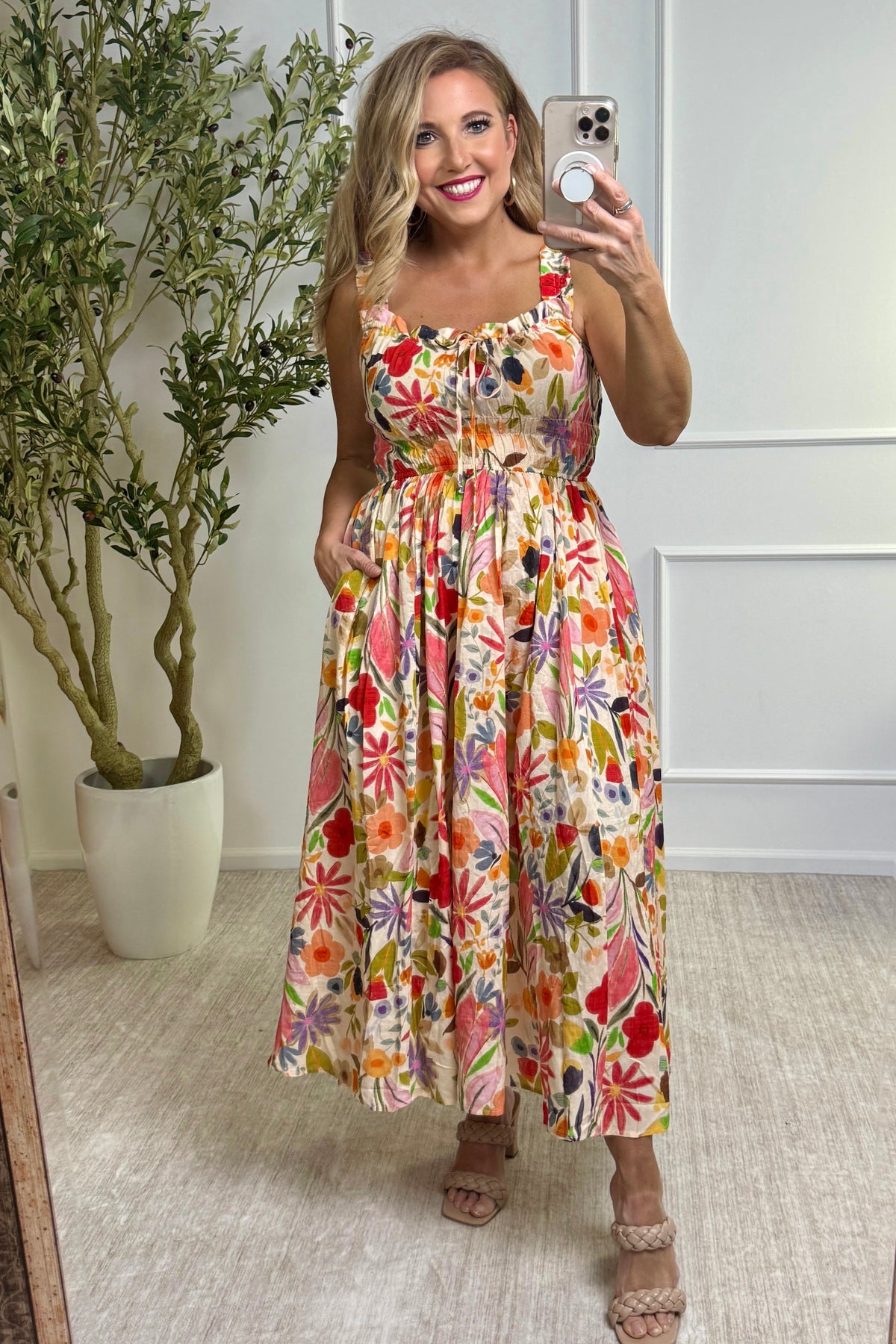 Samira Floral Print Dress : Tan Multi