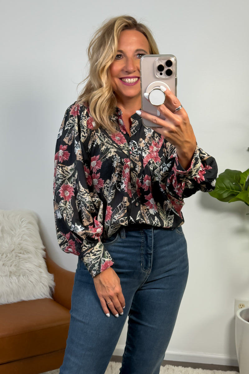 Saige Floral Print Button Down Top : Black