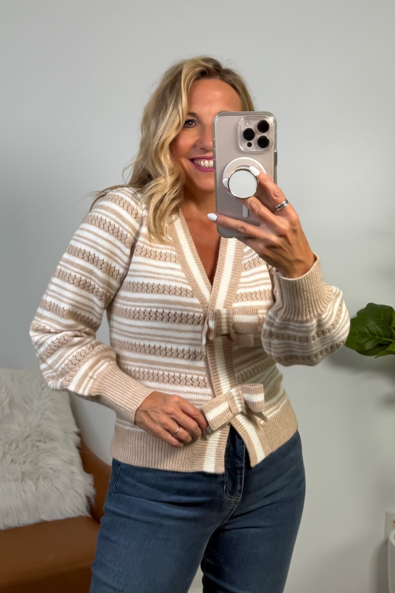 Teagen Puff Sleeve Bow Tie Cardigan : Beige