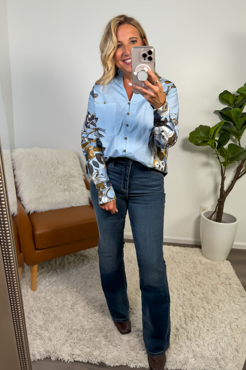 Simone Floral Print Long Sleeve Blouse : Chambray