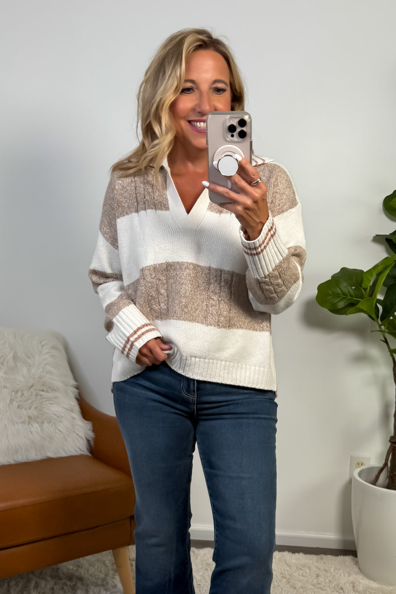 Sian V neck Striped Sweater : Ivory/Latte