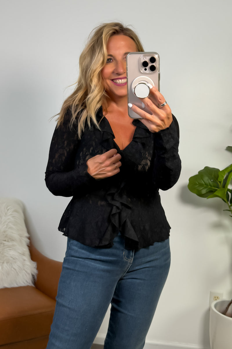 Phyllis Knit Lace Blouse with Ruffle Trim : Black