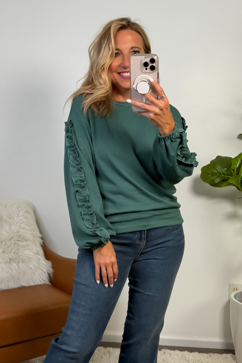 Zelle Textured Knit Ruffled Sleeve Top : H. Green