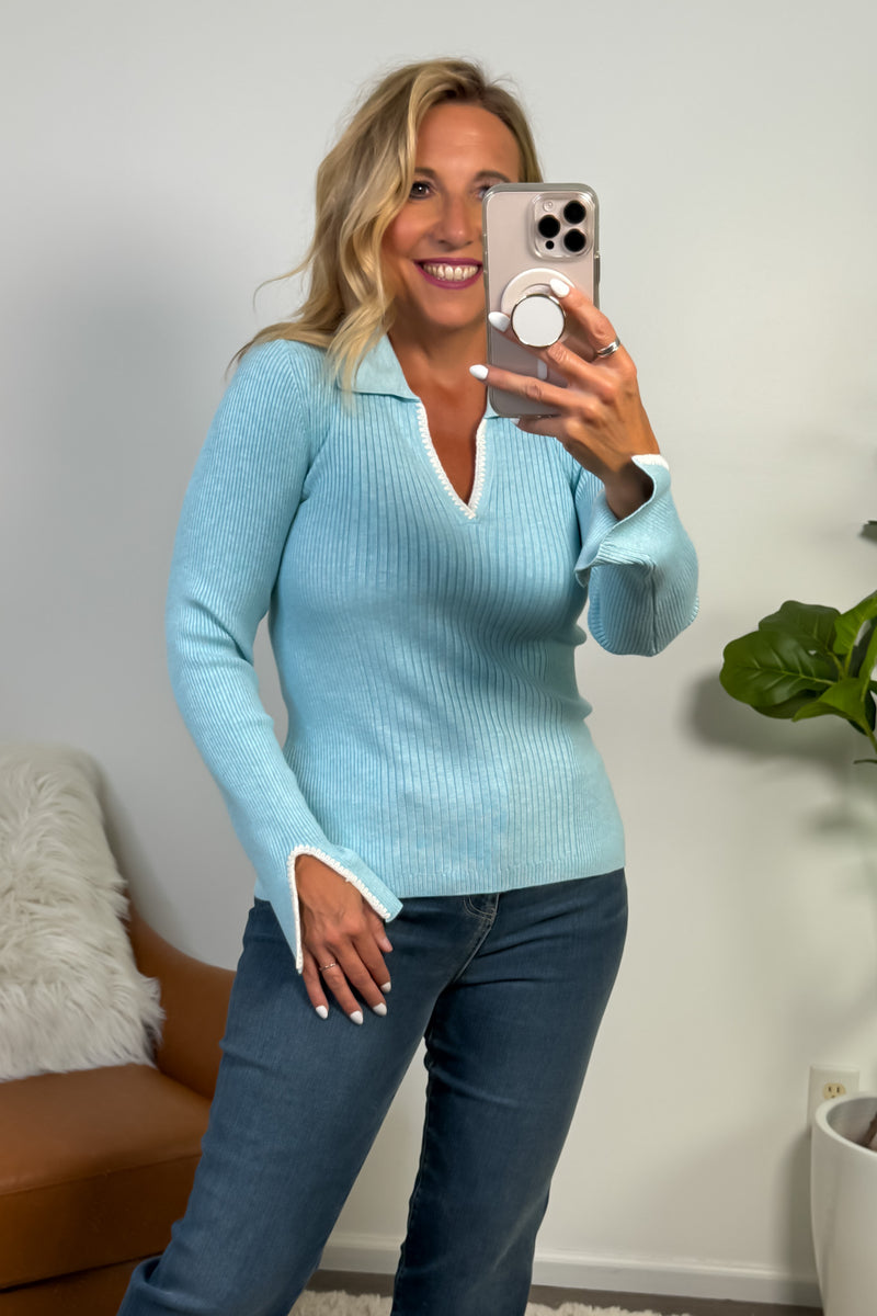 Tribal Piper Polo Sweater w/ Blanket Stitch : Agua