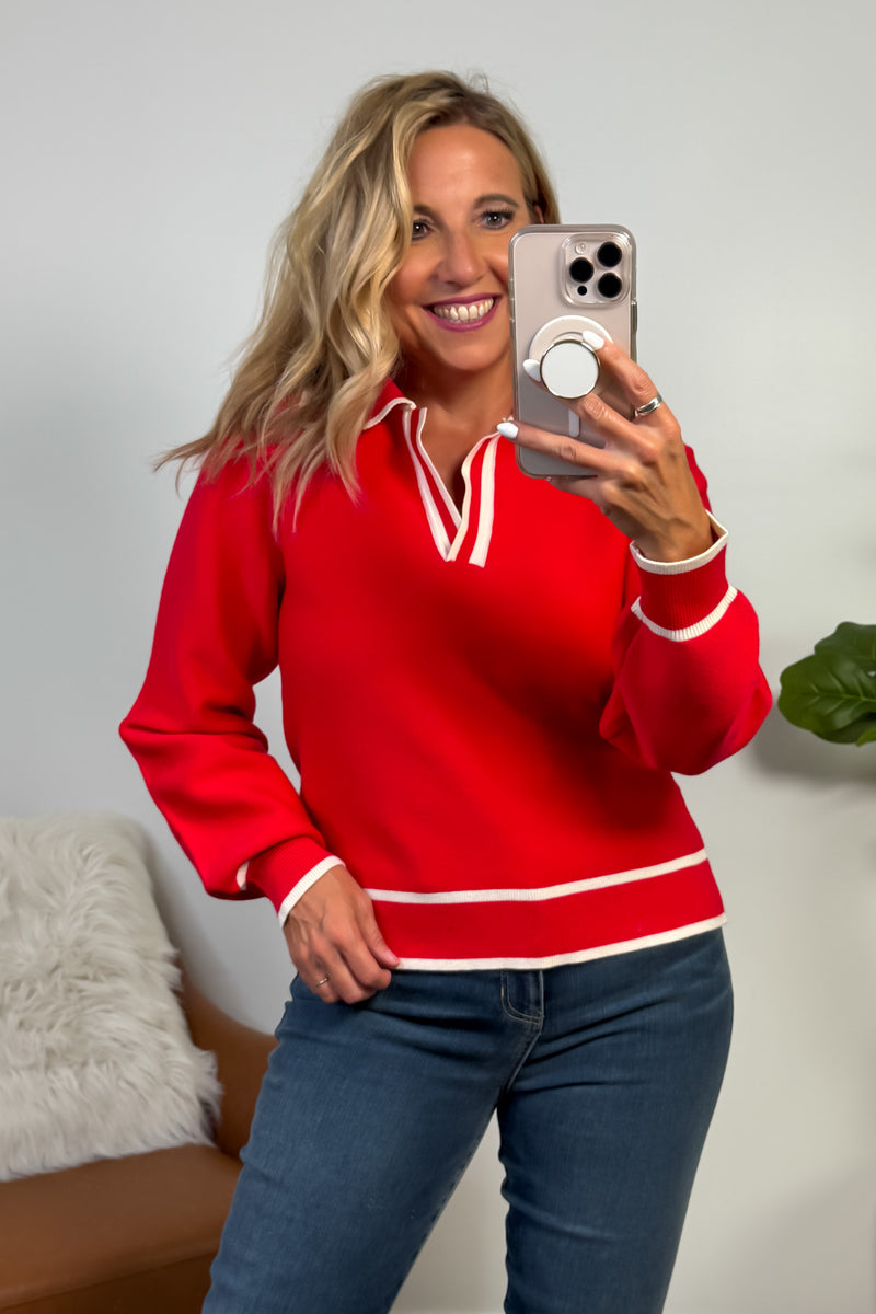 Paige Collared V neck Sweater : Red