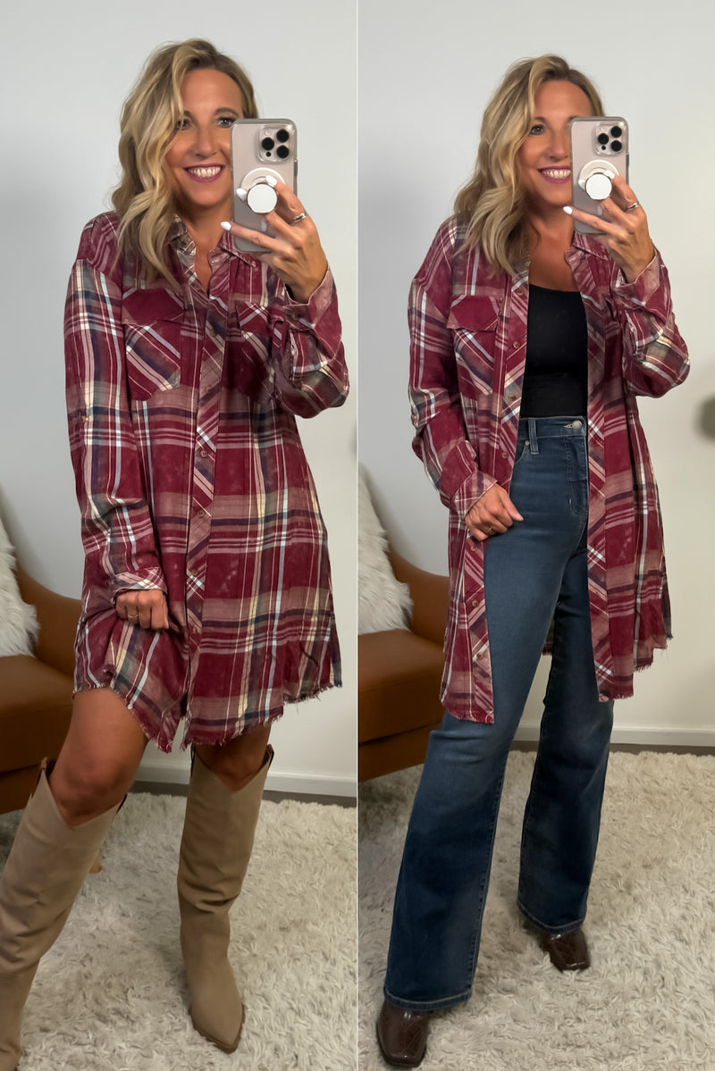 Samara Rolled Up Sleeve Washed Plaid Dress or Top : Merlot