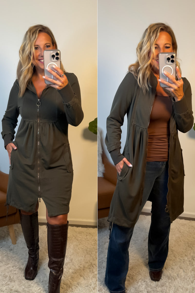 XCVI Benny Fleece Funnel Neck Dress or Longcoat : Deep Green