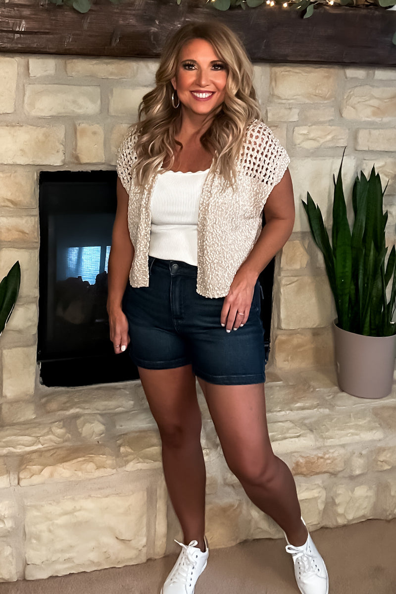 Aksana Open Front Knit Sleeveless Cardigan Top : Sand