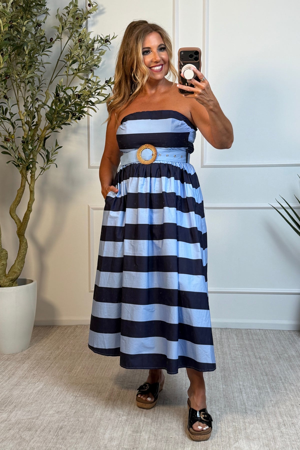 Erina Strapless Dress with Front Belt : Navy