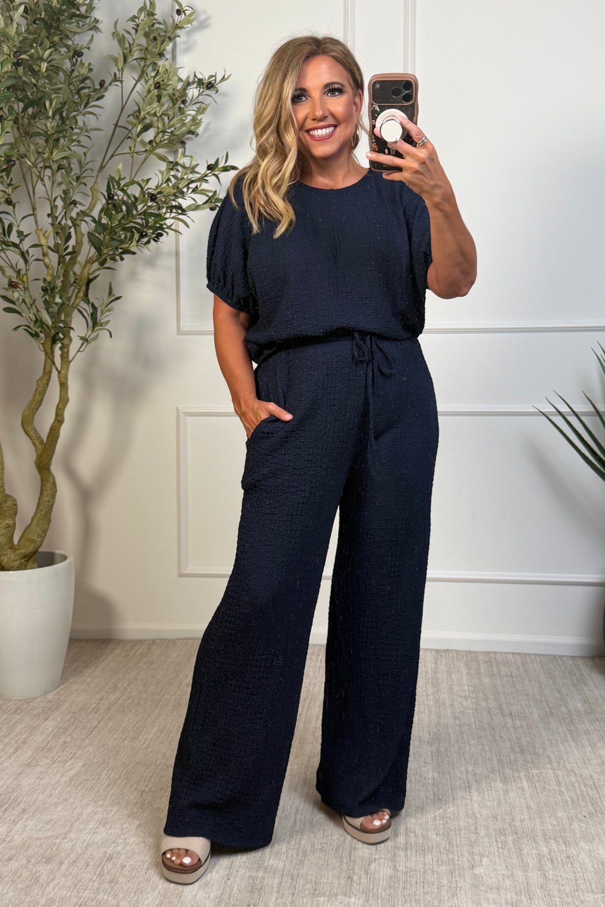 Kacey Textured Knit Elastic Dolman Top : Navy