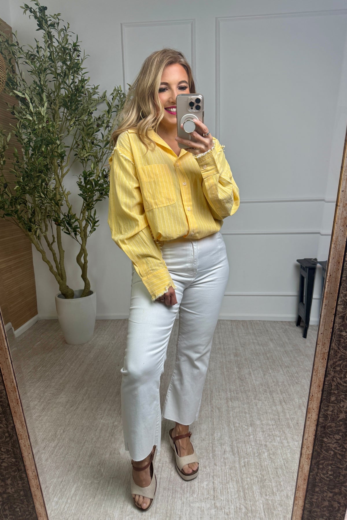 Malaya Woven Long Sleeve Striped Top : Yellow