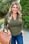 Liverpool Abigail V-Neck Surplus Ribbed Knit Top : Olive