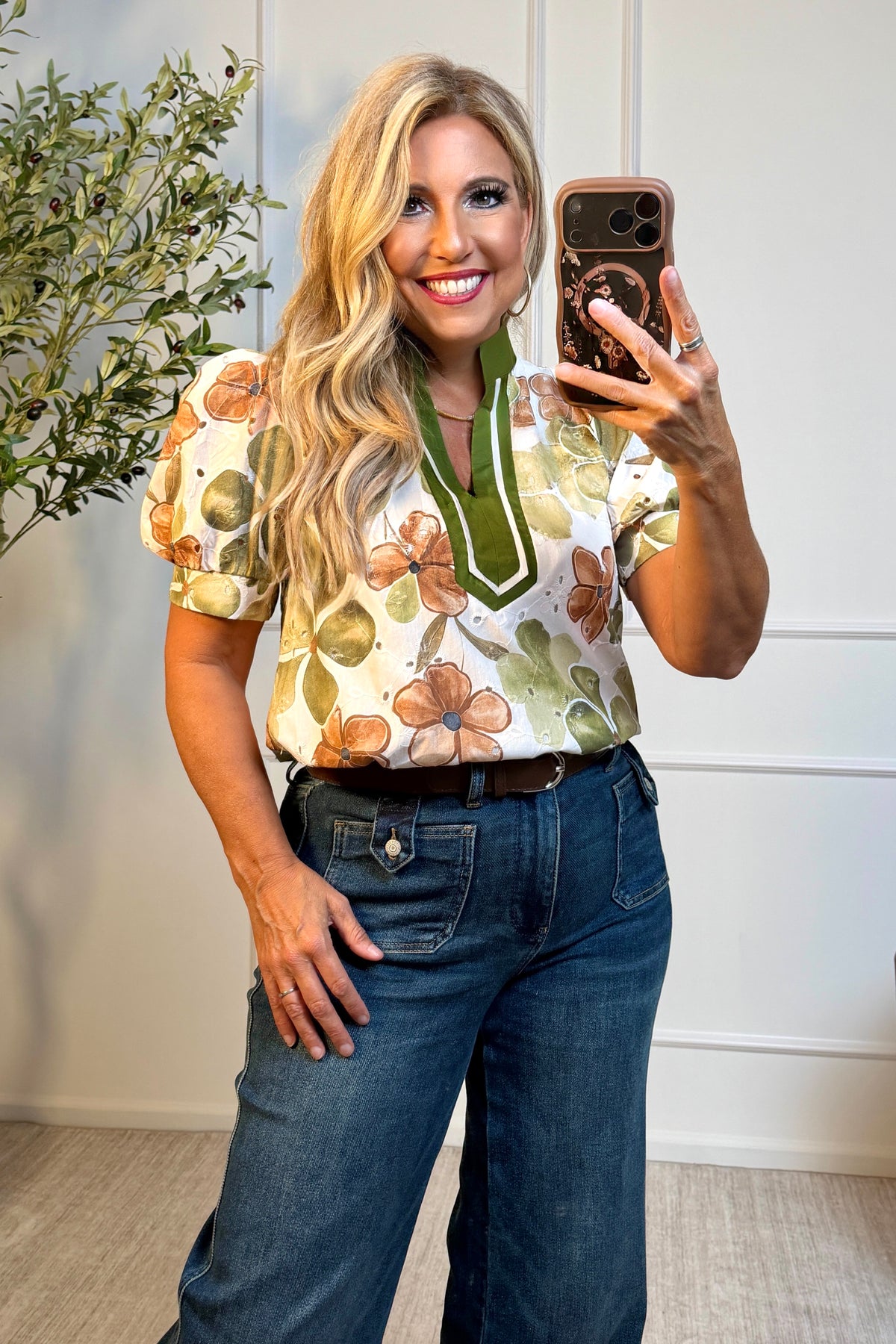 Kaydence Floral Collared Top : Olive