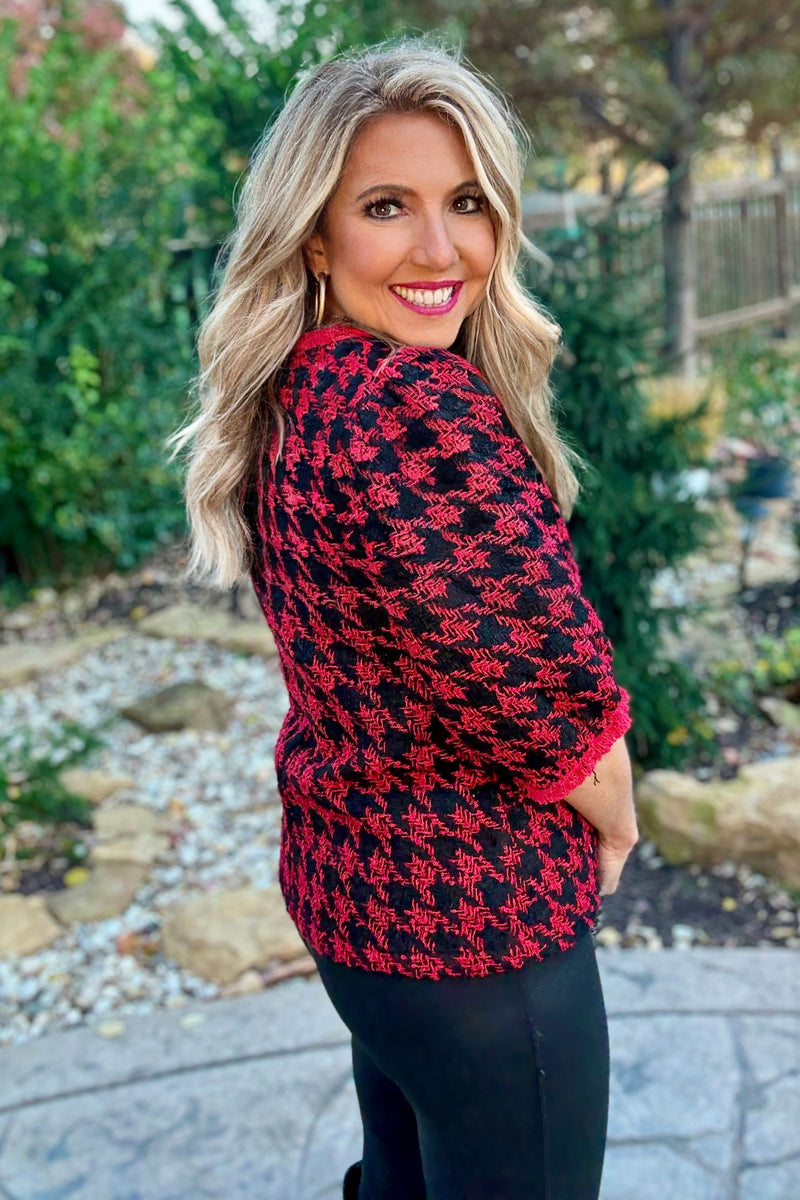 Celine Fringe Detail Houndstooth Tweed Top : Red