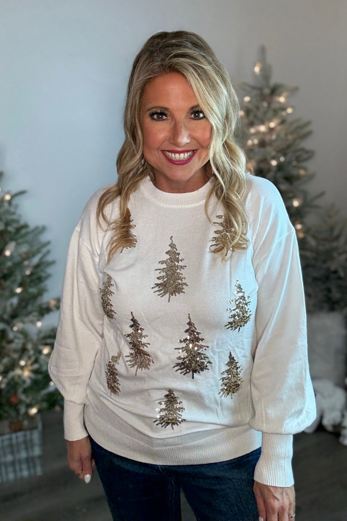 Sakura Tree Sequin Detail Knitted Sweater : Cream