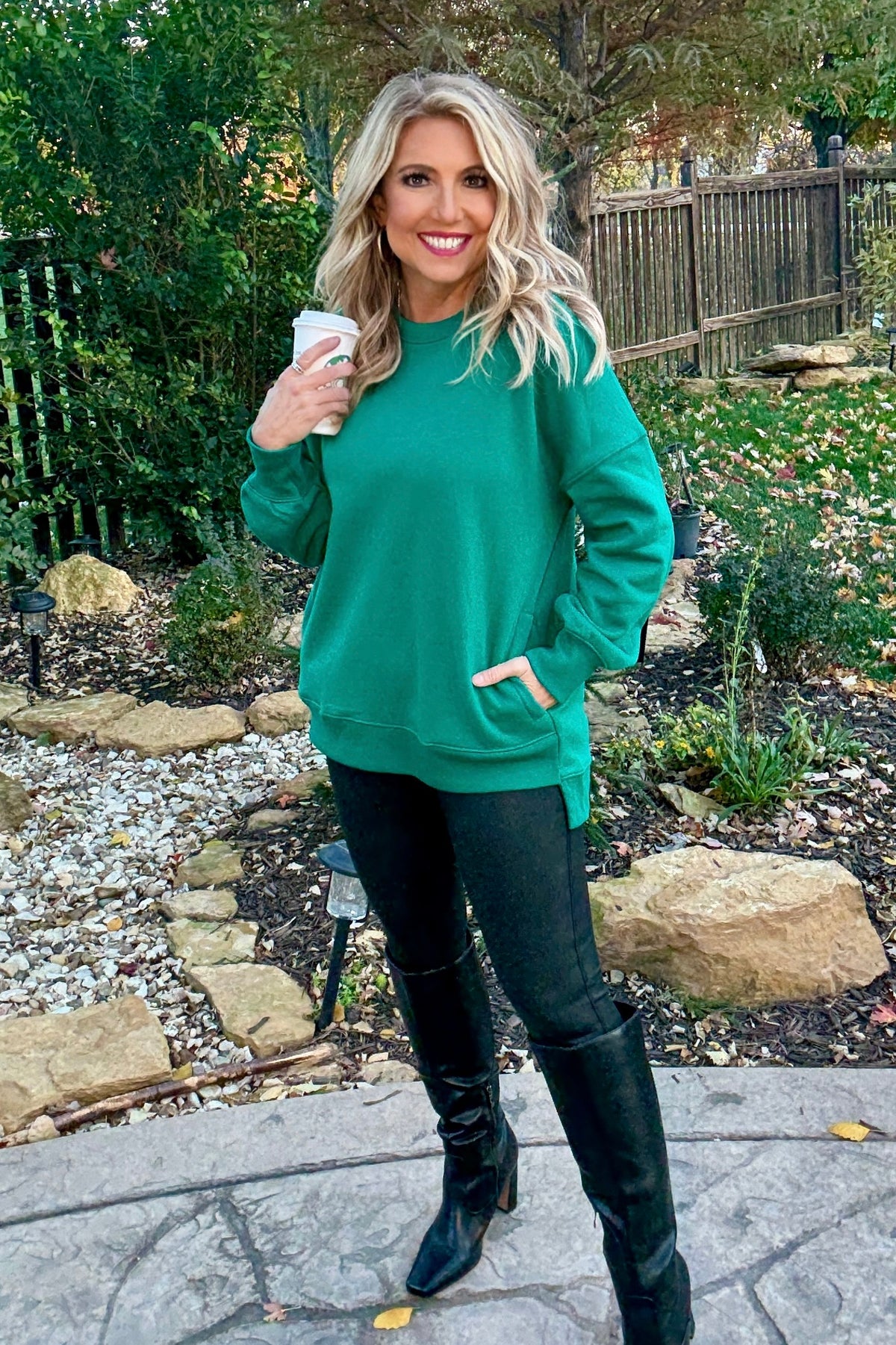 Willow Fleece Hi-Low Boyfriend Sweatshirt with Pockets : Forest Green