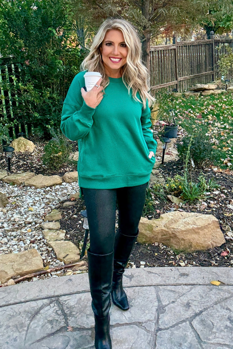 Willow Fleece Hi-Low Boyfriend Sweatshirt with Pockets : Forest Green