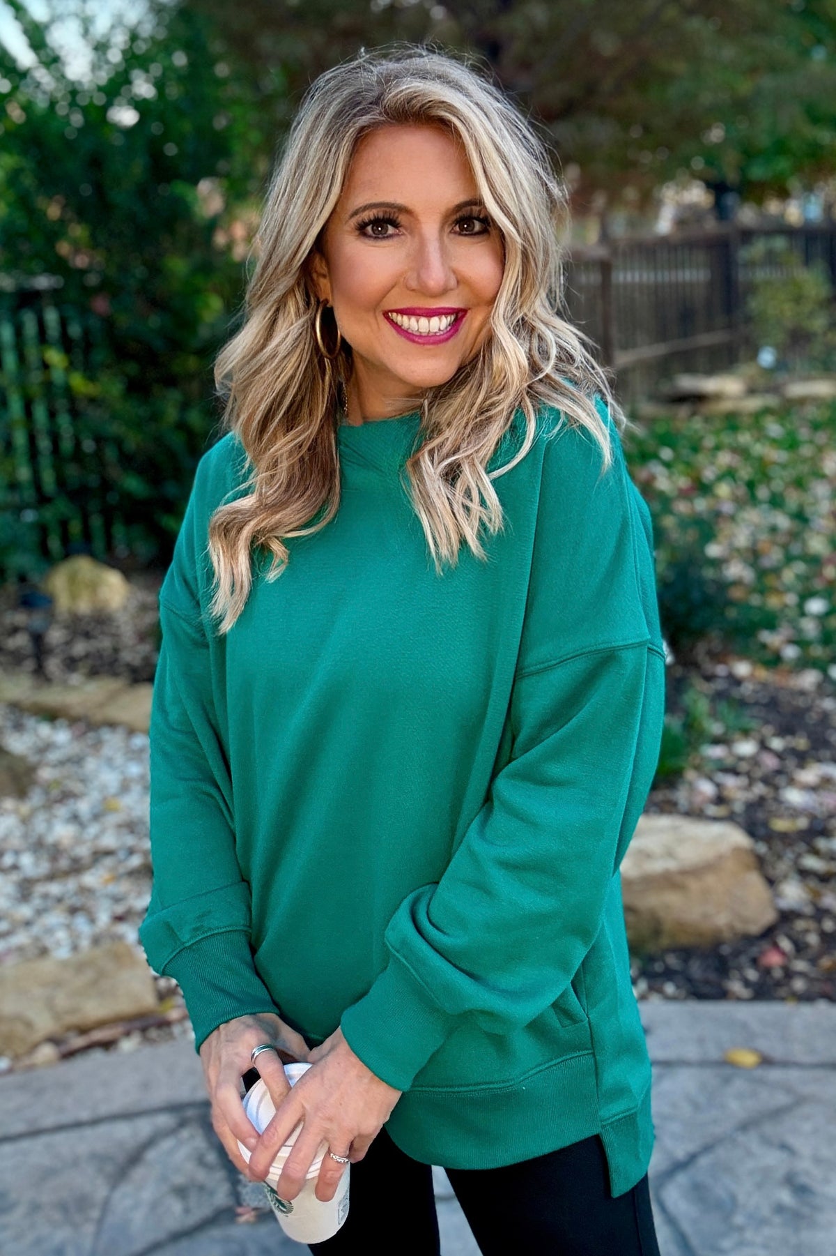 Willow Fleece Hi-Low Boyfriend Sweatshirt with Pockets : Forest Green