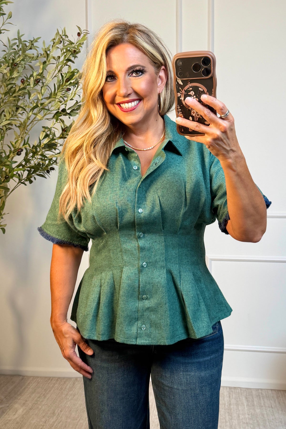 Joyce Pleated Waist Dolman Sleeve Button Down Top : Hunter Green