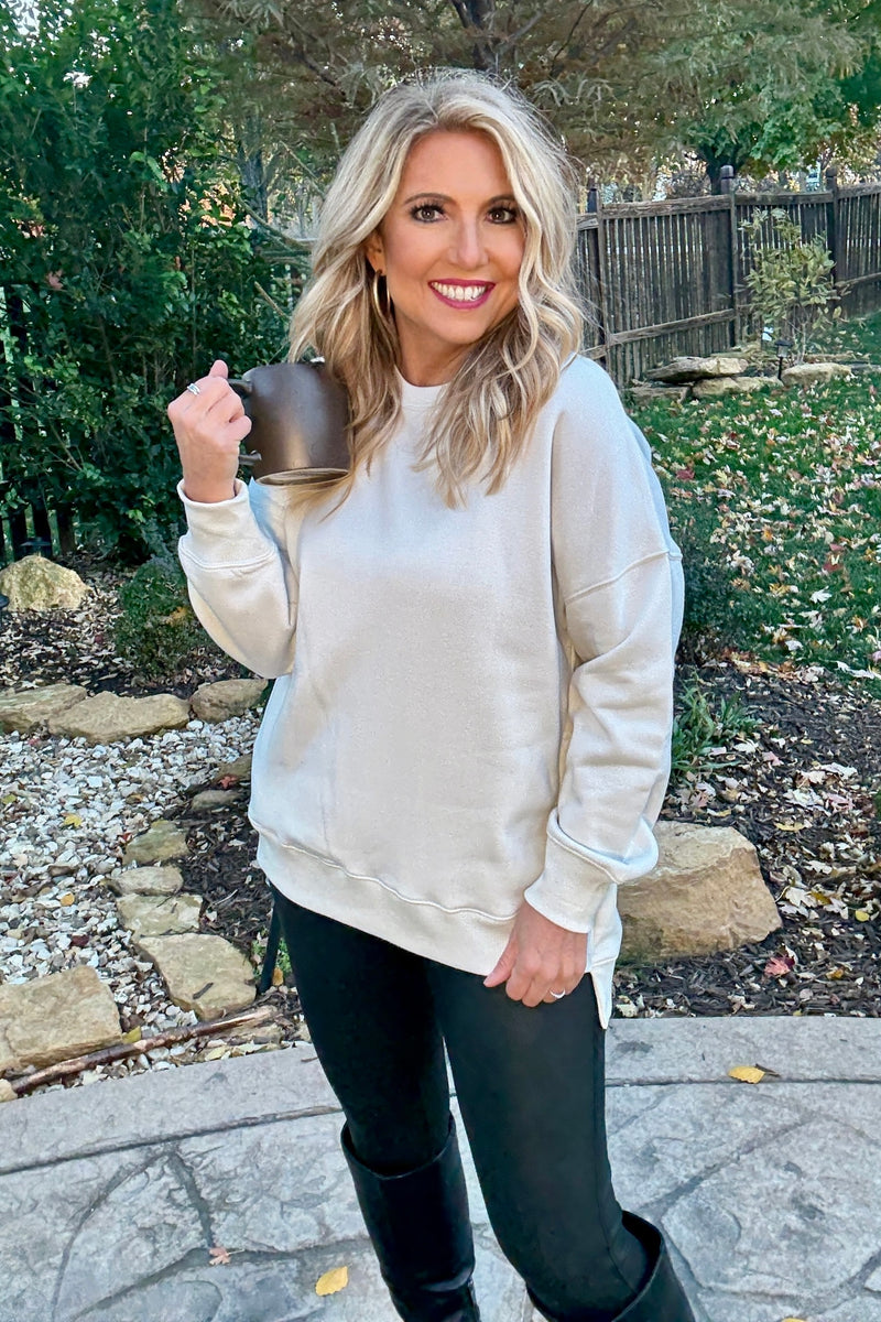 Willow Fleece Hi-Low Boyfriend Sweatshirt with Pockets : Bone